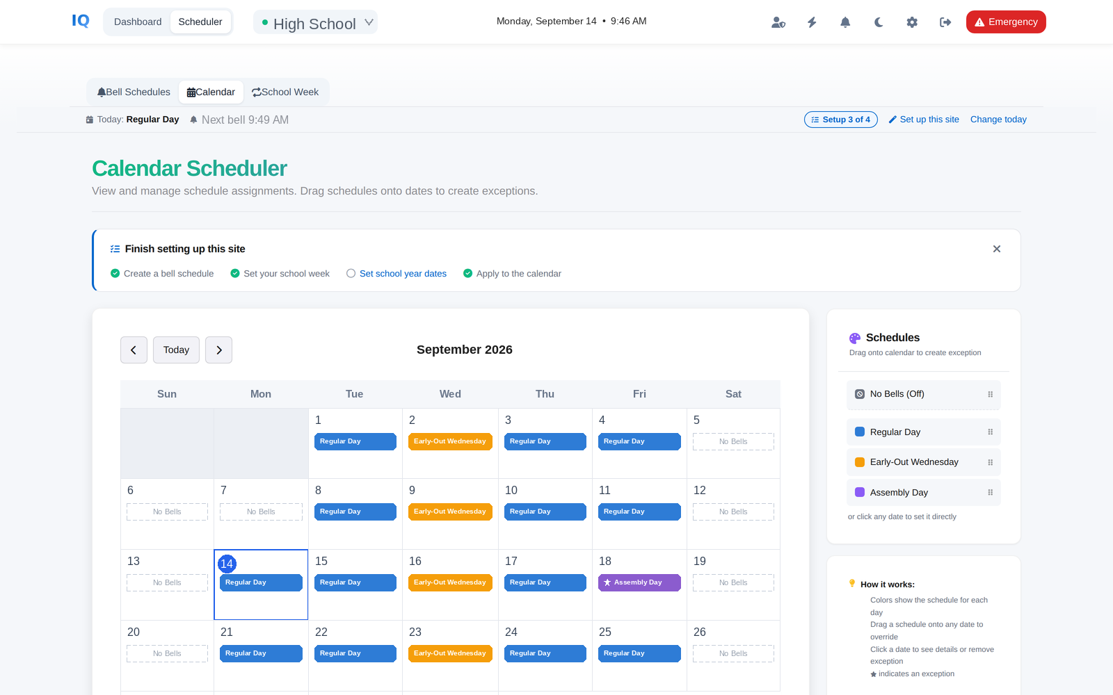 The IntercomIQ calendar scheduler showing a month of assigned bell schedules, with regular days, early-out Wednesdays, an assembly day, and no-bell weekends