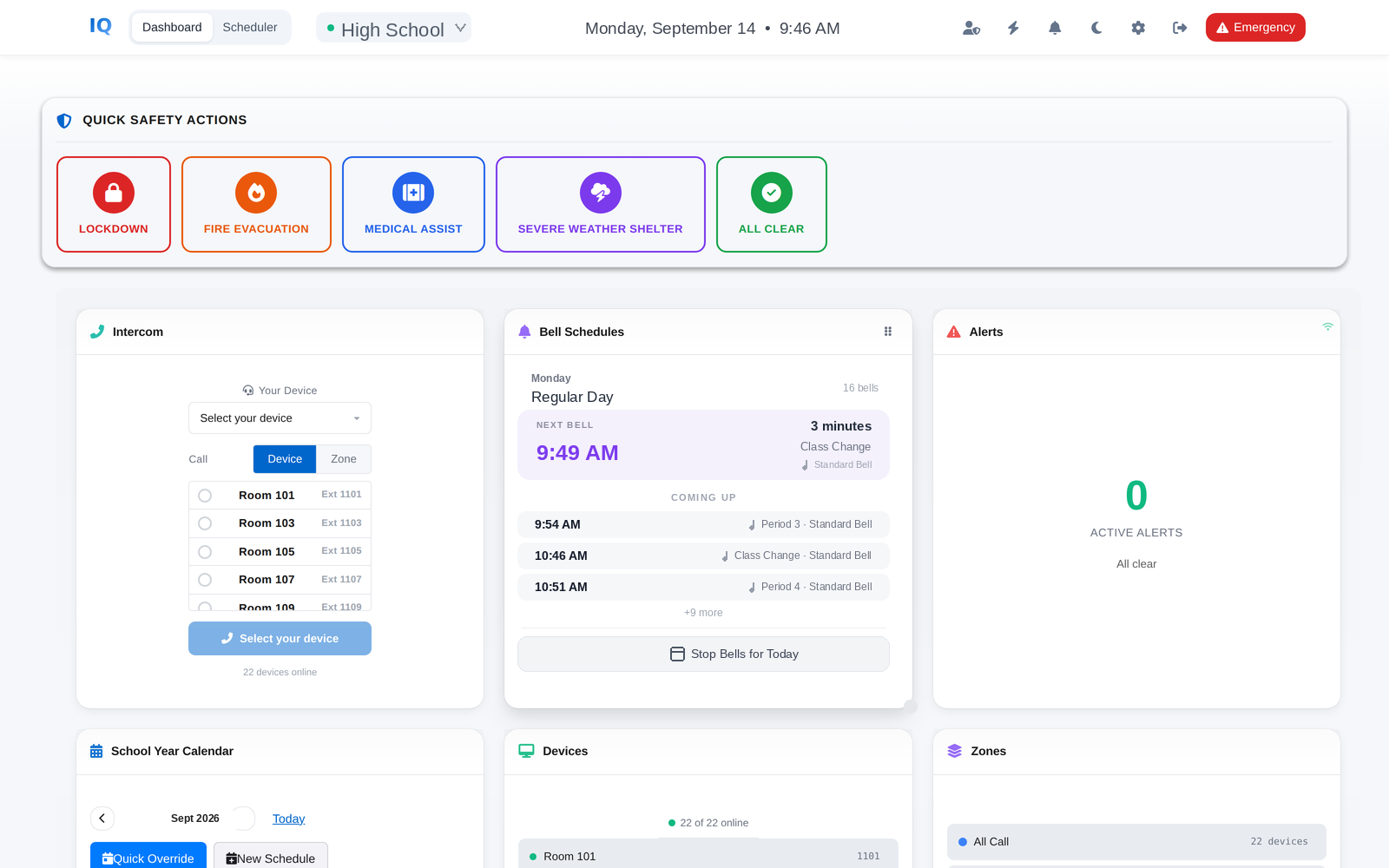 The IntercomIQ dashboard: quick safety actions across the top, then intercom with room-by-room calling, today's bell schedule counting down to the next bell, and the alerts card