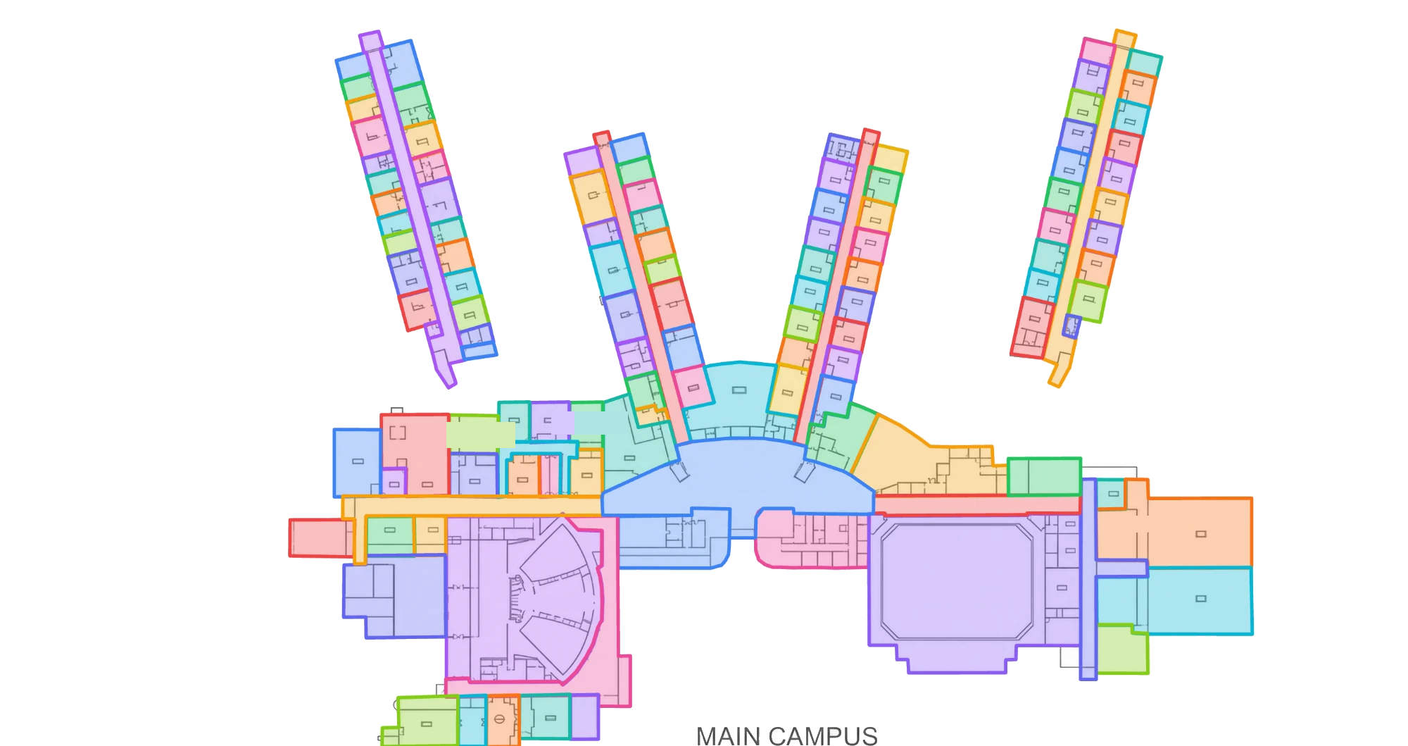 A school campus traced in IntercomIQ, with each room outlined in its zone color and one room selected showing call and page actions